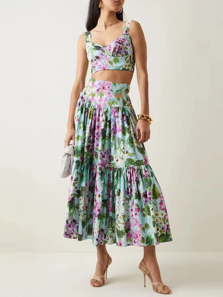 summer womens retro printed sexy suspender strapless twopiece sethigh waist loose pleated skirt fashion set 250515