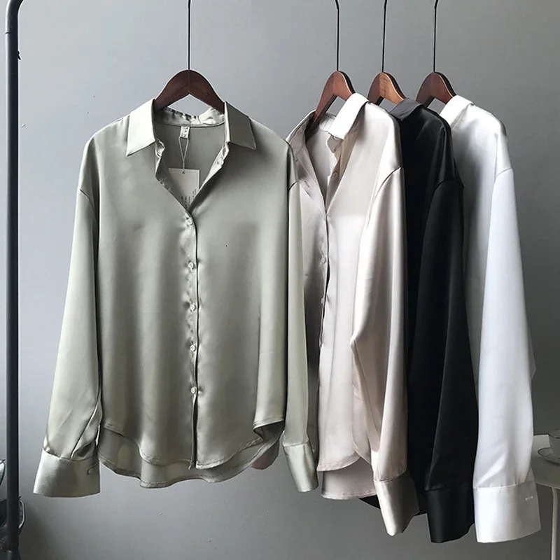 Women Shirt Turndown Collar Solid Color Satin Blouses Fashion Autumn Office Lady Elegant Tops Spring Long Sleeve Clothing 250515