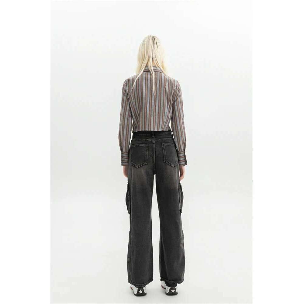 Women's Black Gothic Cargo Jeans Vintage Korean 90S Aesthetic Y2k Denim Trousers Haruku High Waist Cowboy Pants 2000S Clothes Designer