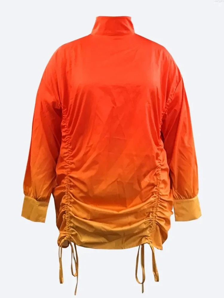 plus Size Tie Dye Half a Turtleneck Fold Casual Dress with Drawstring Long Sleeves Mini Dress 250515