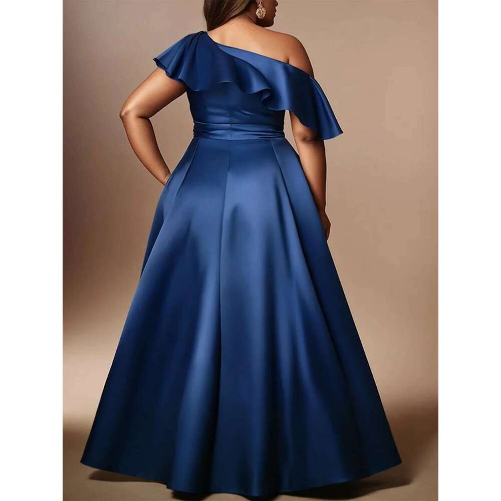 Satin Elegant Women's Plus Size Maxi Dress Ruffle One Sleeve Off the Shoulder Irregular Hem Party Evening Wedding Dresses 2025