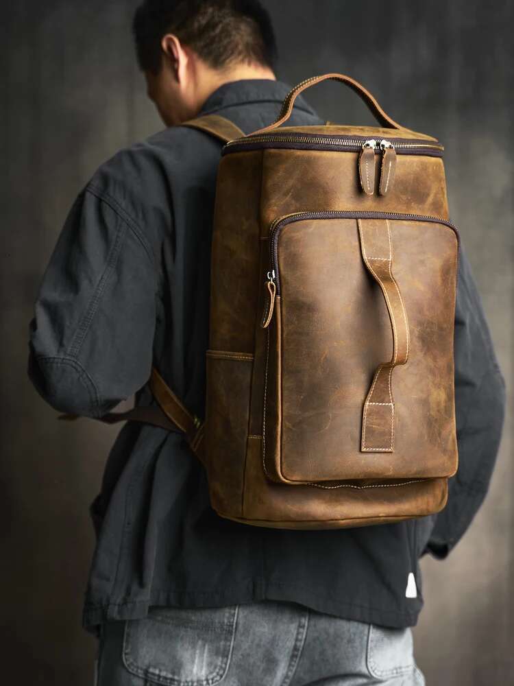 Genuine Leather Men's Backpack Retro Outdoor Gym bag Cylinder Handbag Camping Commuter Laptop Bag