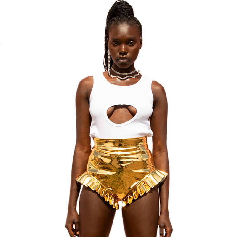 European and American fashion women's summer item solid color sexy fungus edge V-shaped PU leather shorts 2025 temperament versatile new trend cl