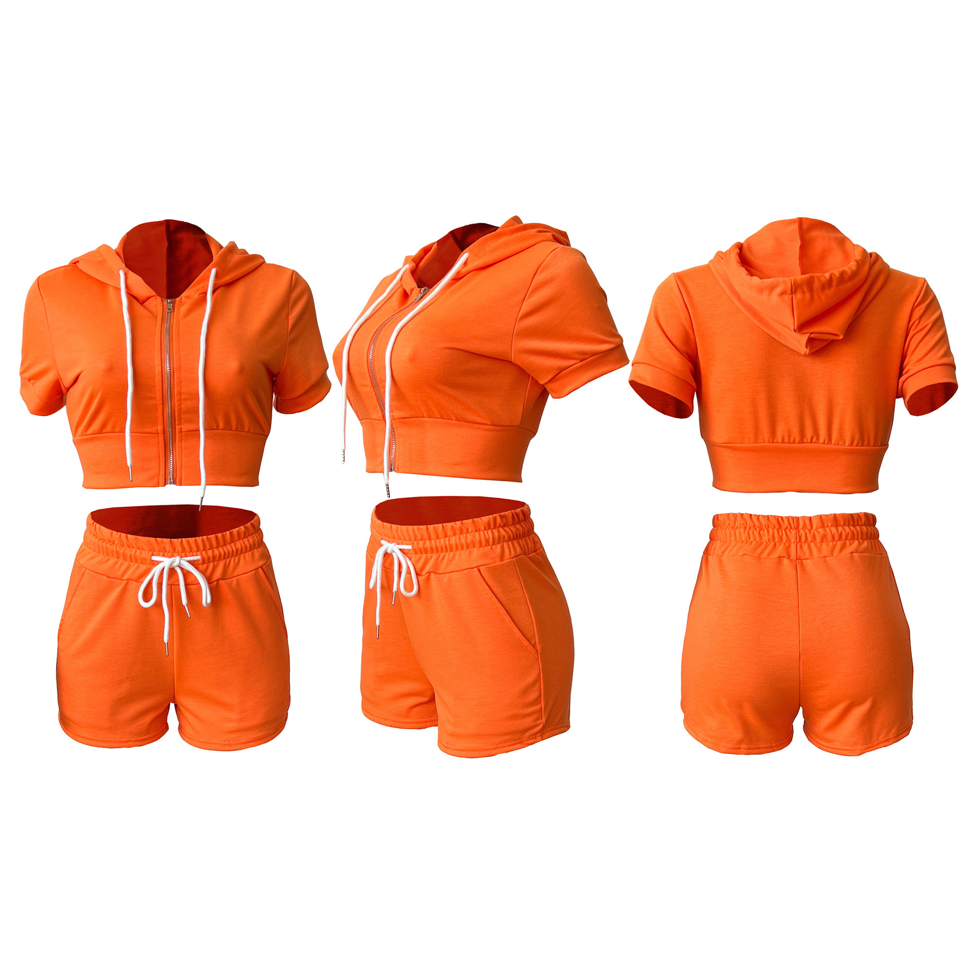 Hr8210 womens zipper cardigan solid color jacket hooded two-piece set