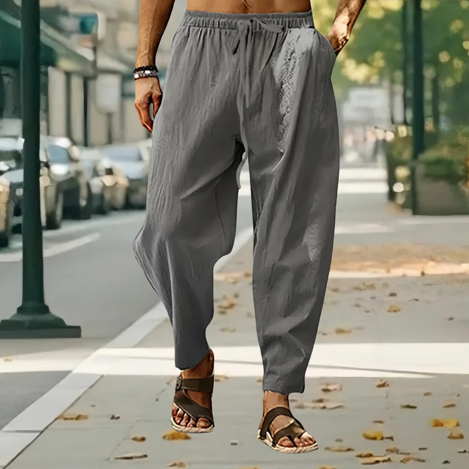Men Cotton Linen Pants Summer and Autumn Solid High Waist WideLeg Trousers Male Loose Hemp Casual Breathable Sports 250515