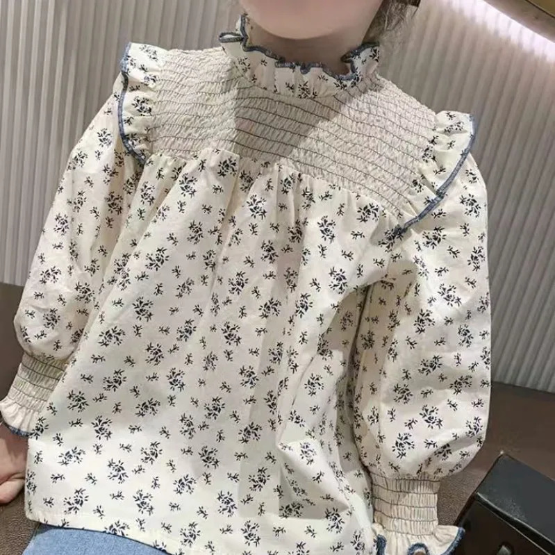 2-8Y Ins Spring Girls Blouses Lace Collar Fragmented Flower Infant Girls T-shirts Long Sleeve Loose Toddler Girls Peter Pan Top 250515
