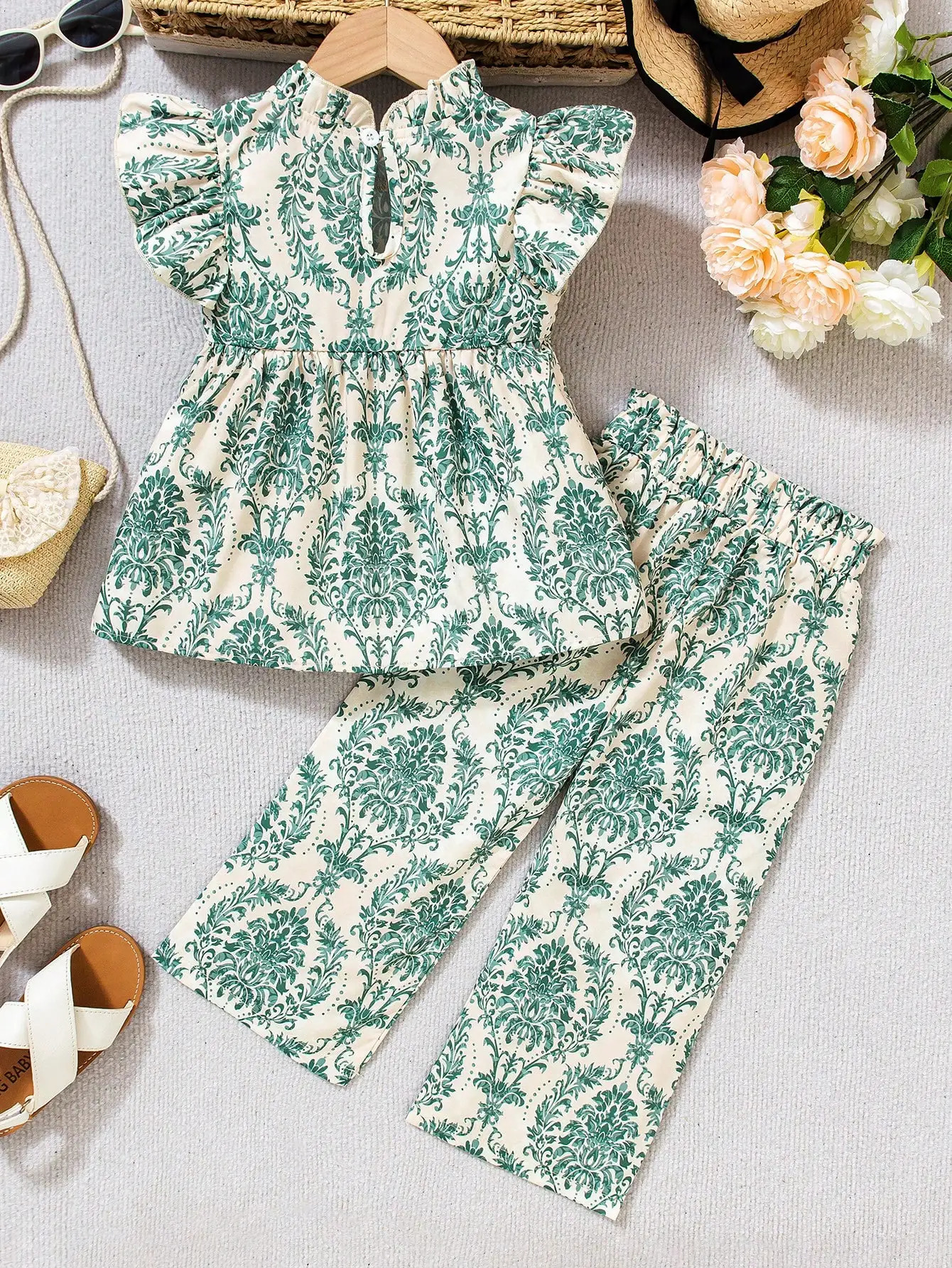 Girls Vintage Botanical Bow 2-Piece Set Forest Style Summer Outfit for Ages 4-7 Vacation Party Dresses Spring/Summe 250515