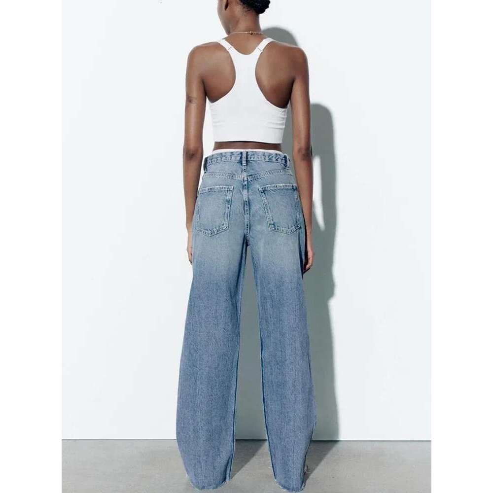 TRAF Women's Loose Hole Decoration High-Waisted Jeans Fashion Versatile Wide-Legged Trousers Elegant Fashion Women's Clothing Designer