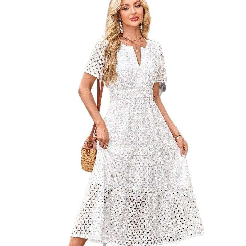White Dress Maxi Dress 2025 Women's V-Neck Hollow Hole Pleated Short Sleeved Long Dress KQ