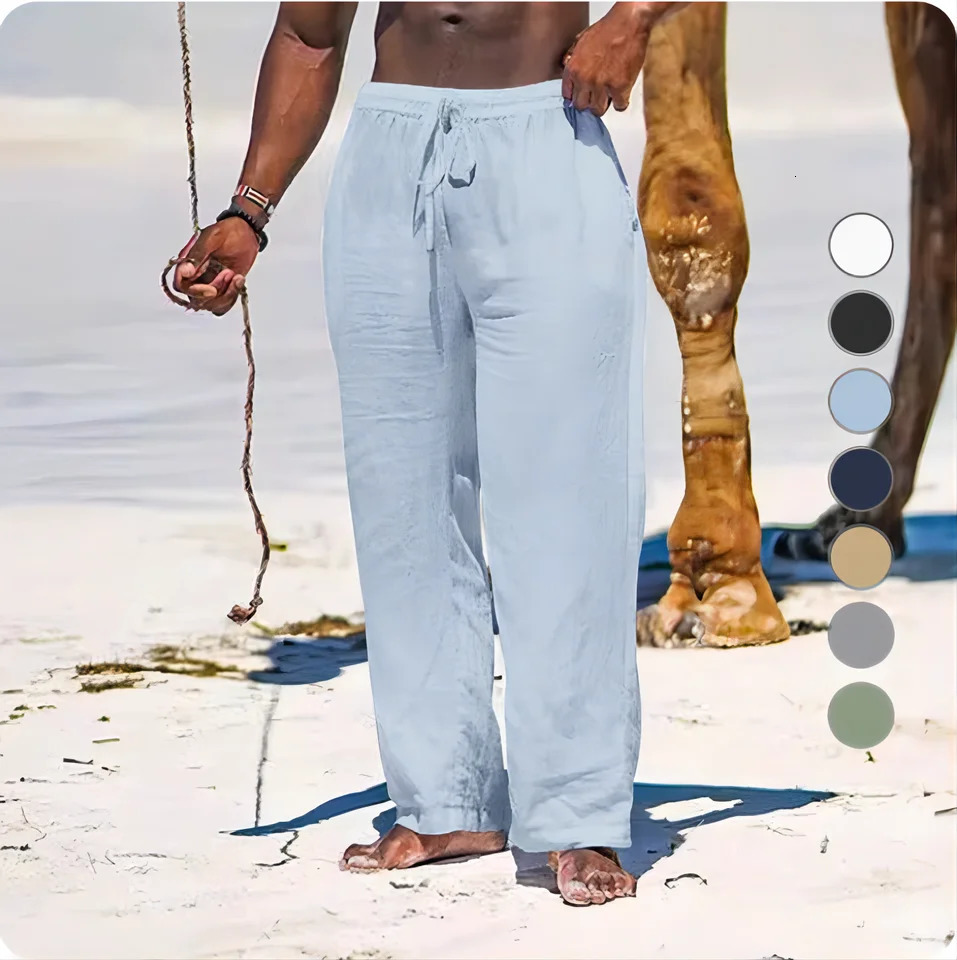 Mens Beach Solid Color Pants Joggers Streetwear Cotton Linen Sweatpants Casual Hawaiian Vacation Loose Summer Long S4XL 250515