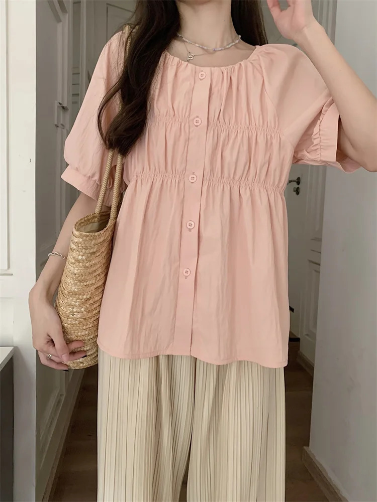 L4XL Plus Size Chiffon Blouse Women Summer Short Sleeve Slim Waist Large Loose Tops Casual Lady Top Femme 250515