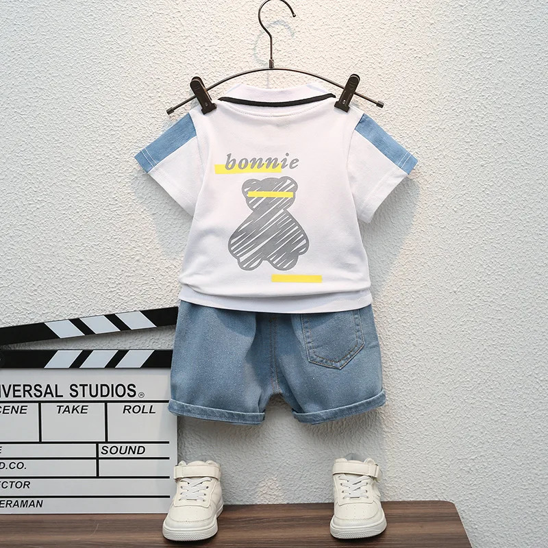 Children Summer Fashion Baby Boys Clothes Cartoon Bear T-shirt Denim Shorts 2pcs/sets Kids Outfits Costume Casual Sports Suit 250515