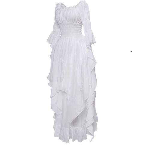 White Dress Maxi Dress Gorgeous Lace Flare Sleeves Gothic Cosplay Prom Princess Dress KQ