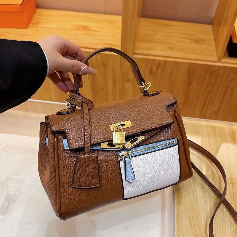 2025 New Women's Color-Block Patch Pocket Structured Shoulder Crossbody Top-Handle Bag