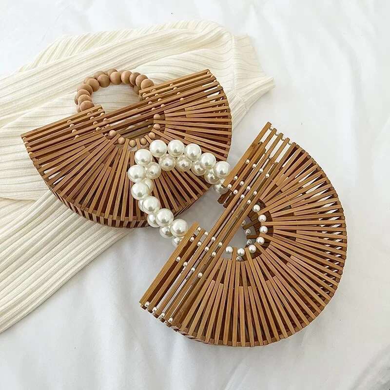 Semicircle Bamboo Designer Shoulder Summer Beach Pearl Handle Women Shopping Handbag Rattan Tote Bag Purse