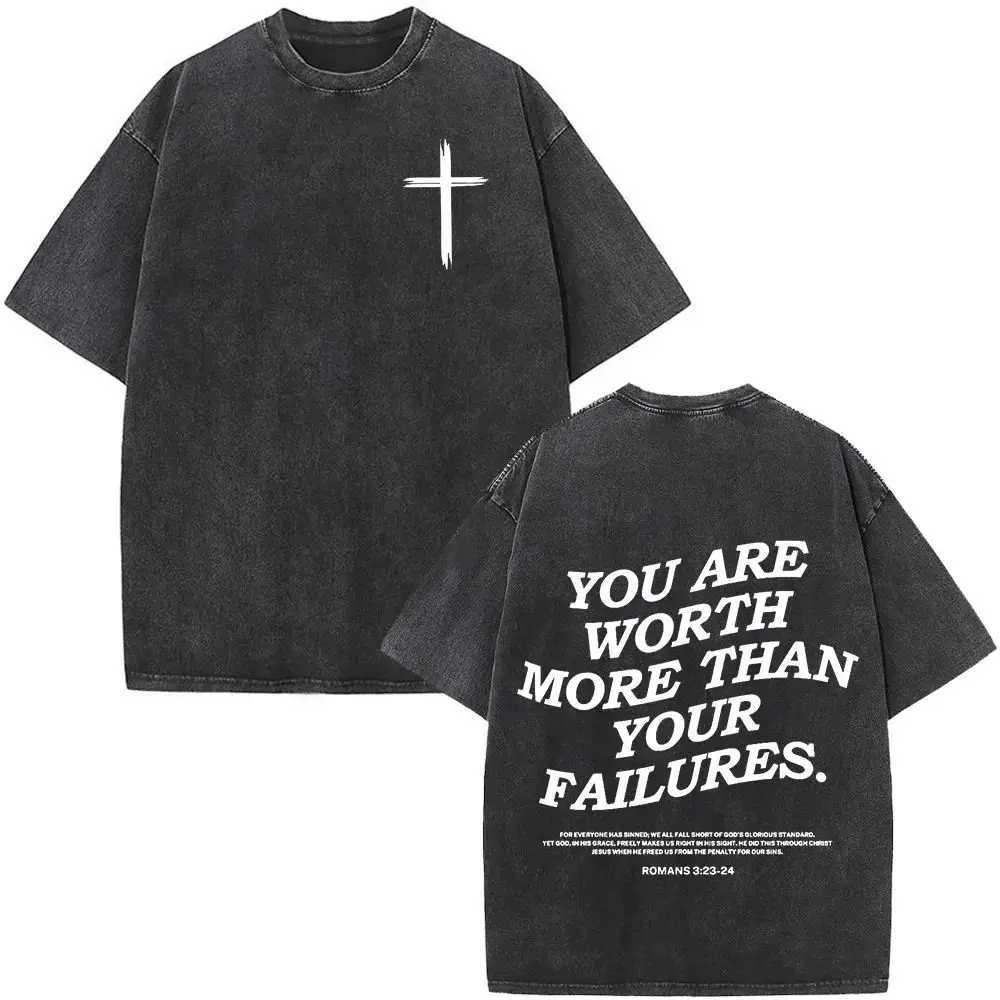 Womens Mens Retro Oversized Christian Jesus Faith Bible Scriptures Washed Harajuk Cotton T-shirt Z250417