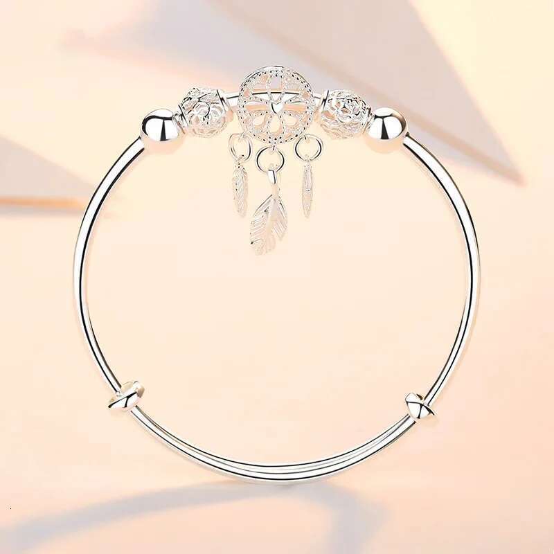 Sterling Sier Bracelets For Women Adjustable Bangle Dreamcatcher Tassel Feather Round Bead Charm Bracelet Wedding Jewelry