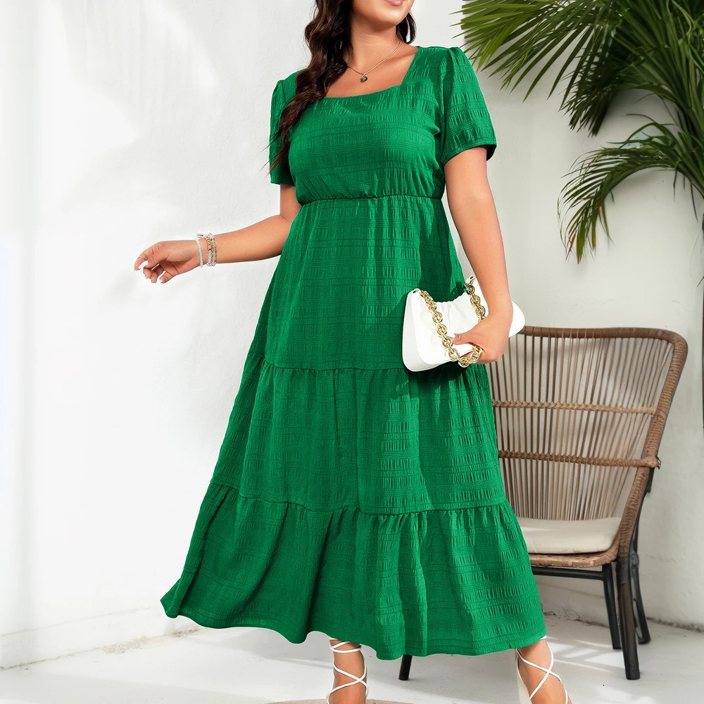 Plus Size Womens Puff Sleeve A-Lined Maxi Dress Ladies Square Neck Pockets Summer Beach Holiday Sundress 0XL 1XL 2XL 3XL 4XL 250509