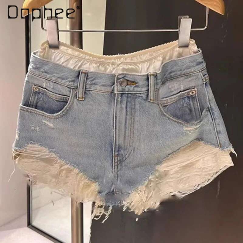 Summer New Spice Girl Old Ripped Rough Edge Jeans Fake Two Pieces Splicing High Waist Slim Female Sexy Y2k Jean Shorts