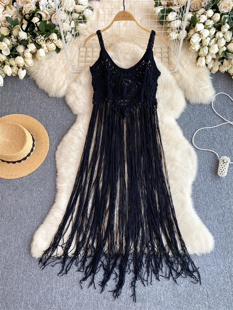 SINGREINY Retro Knitted Shirt Bohemian Vacation Beach style Summer Tank Women Strap Sleeveless Long Tassel Tops 250515