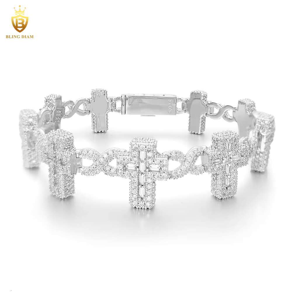 Fine Jewelry Gold Plated 925 Sterling Silver VVS Moissanite Baguette Cuban Link Chain Cross Bracelet for Men Women
