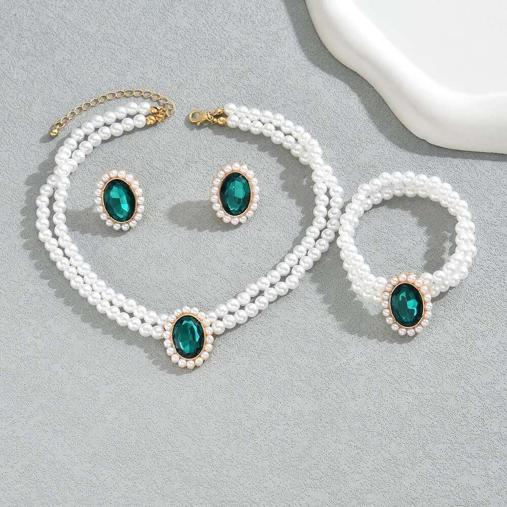 Obega 3 PCS Imitation Jewelry Set Oval Green Crystal Stone Multilayer Pearl Choker Necklace Charm Bracelet Elegant Earring