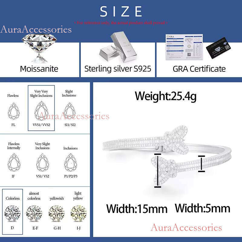 Gra Certified Baguette Moissanite Sterling Sier Pass Dia Tester Iced Out Butterfly Bangle Bracelet