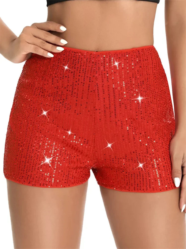 Women Sequin Shorts Elastic High Waist Sparkly Glitter Straight Short Pants Sexy Club Pants Summer Streetwear 250514