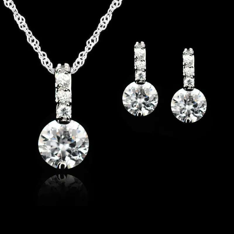 Sterling Sier Jewelry Sets Women Wedding Austrian Crystal Pendants Necklace Earrings Set For Female/Bridal