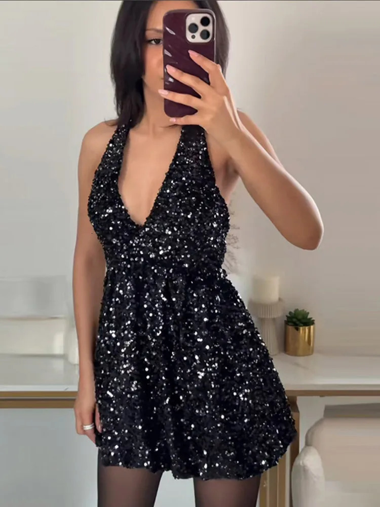 Sexy Sequins Short Black Party Dresses for Women Halter V Neck Backless Sparkly Ruffles Woman Mini Dress 2025 Club Gowns 250515