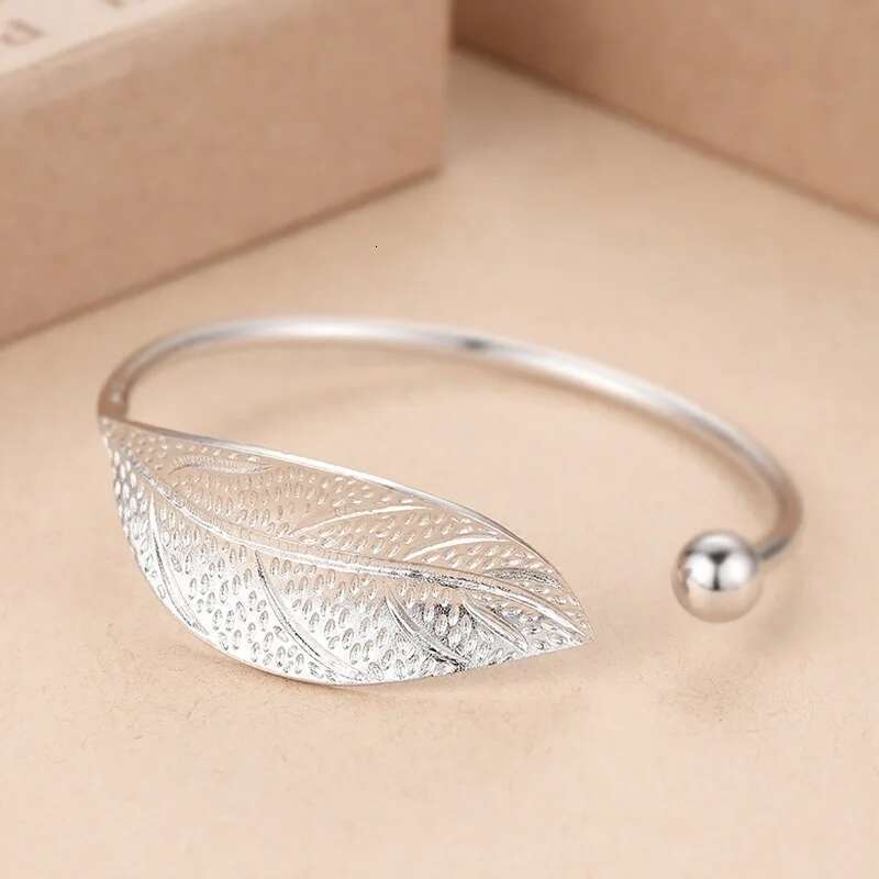 Fashion Sterling Sier Woman Cuff Bracelet Open Leaf Shaped Adjustable Charm Bangle Bracelets Party Jewelry Gifts