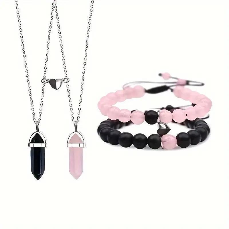 8Pcs Natural Stone Magnet Heart Sun & Moon Lover Bracelet and Necklace