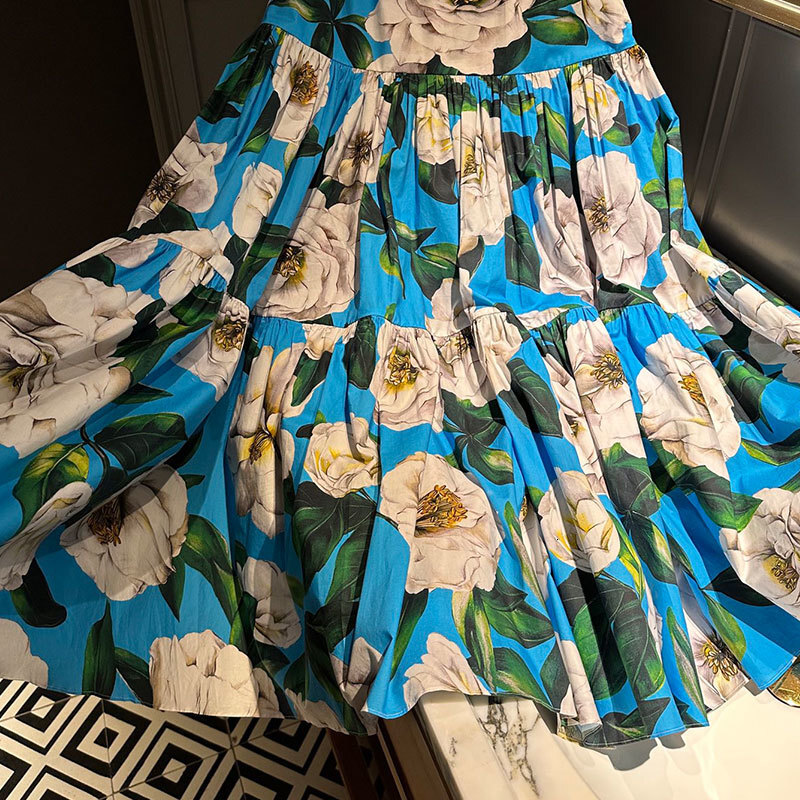 Women's Blue Floral Print Cotton Midi Skirt Summer New Arrival Designer Y2K High-Waist Calf-Length Pleated Skirt Fashion Classic Luxury Runway Cl