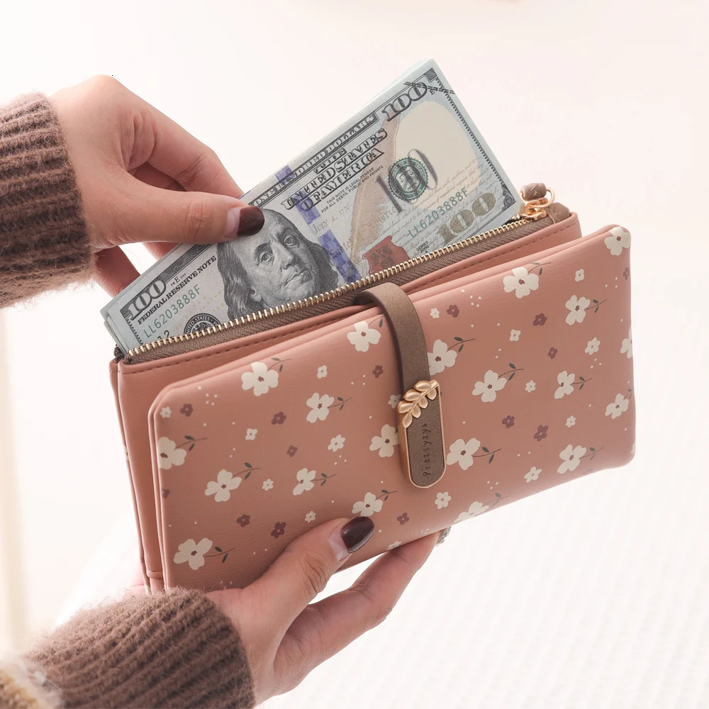 Women Long Wallet Cute Leaf Flower Pattern Zipper Coin Purse Ladies ID Credit Card Holder PU Small Clutch Money Bag 250514