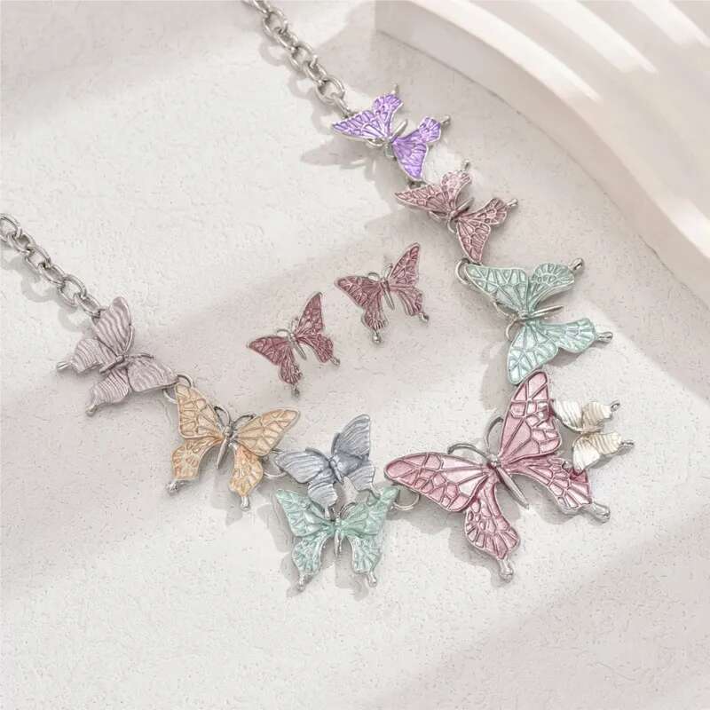 3Pcs/Set Colorful Butterfly Necklace And Earrings For Women Y2k Summer Vacation Sets Party Jewelry Accessories