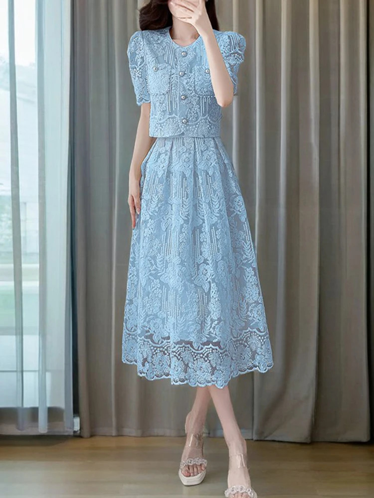 Summer y Lace 2 Piece Set Chic Women Beaded Flower Single Breasted Short Top A Line Midi Skirt Suits High Qu 250515