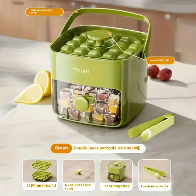48-Cube Ice Maker with Easy Press Cap - Double Layer Press Portable Household Ice Storage Ice Box 250515