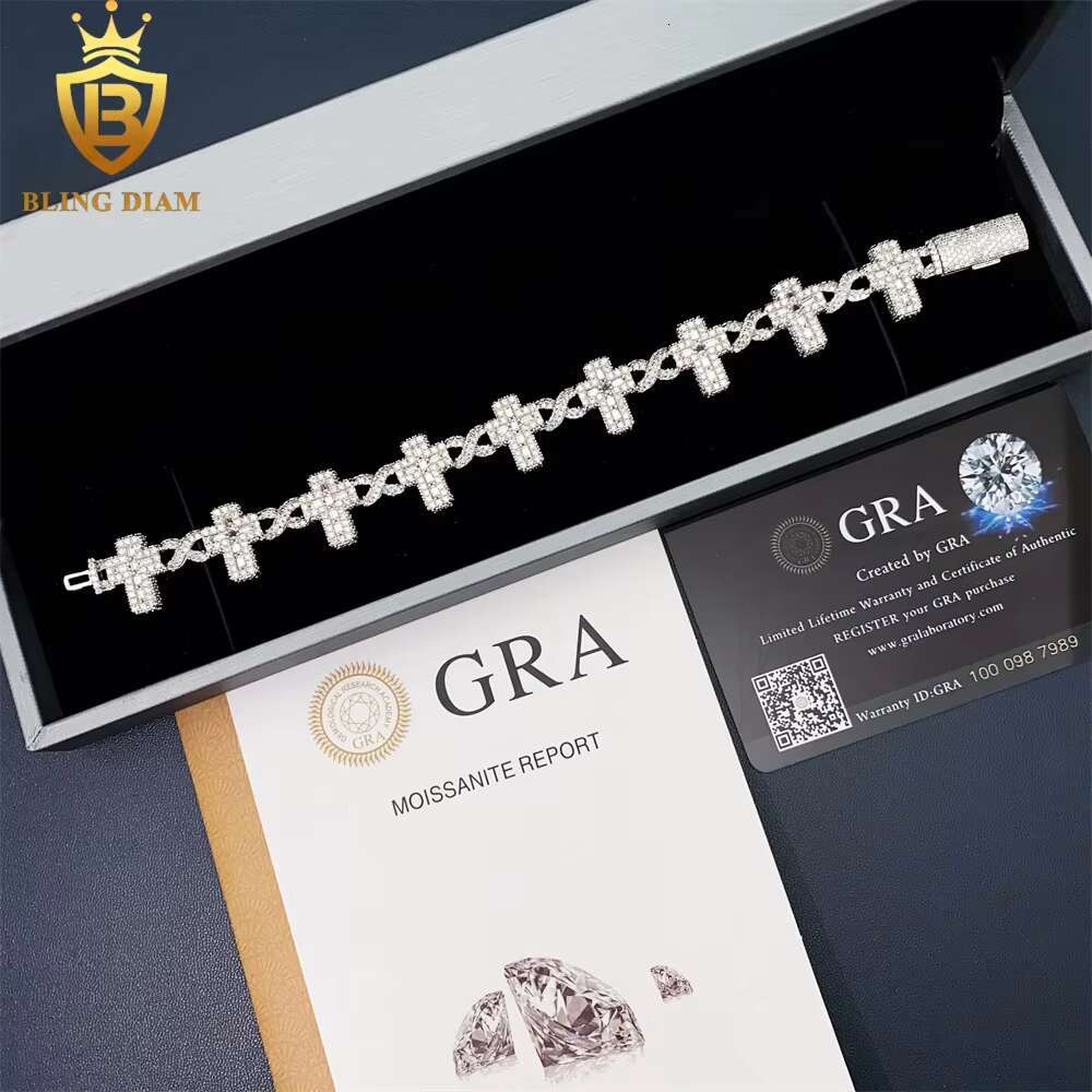 Fine Jewelry Gold Plated 925 Sterling Silver VVS Moissanite Baguette Cuban Link Chain Cross Bracelet for Men Women