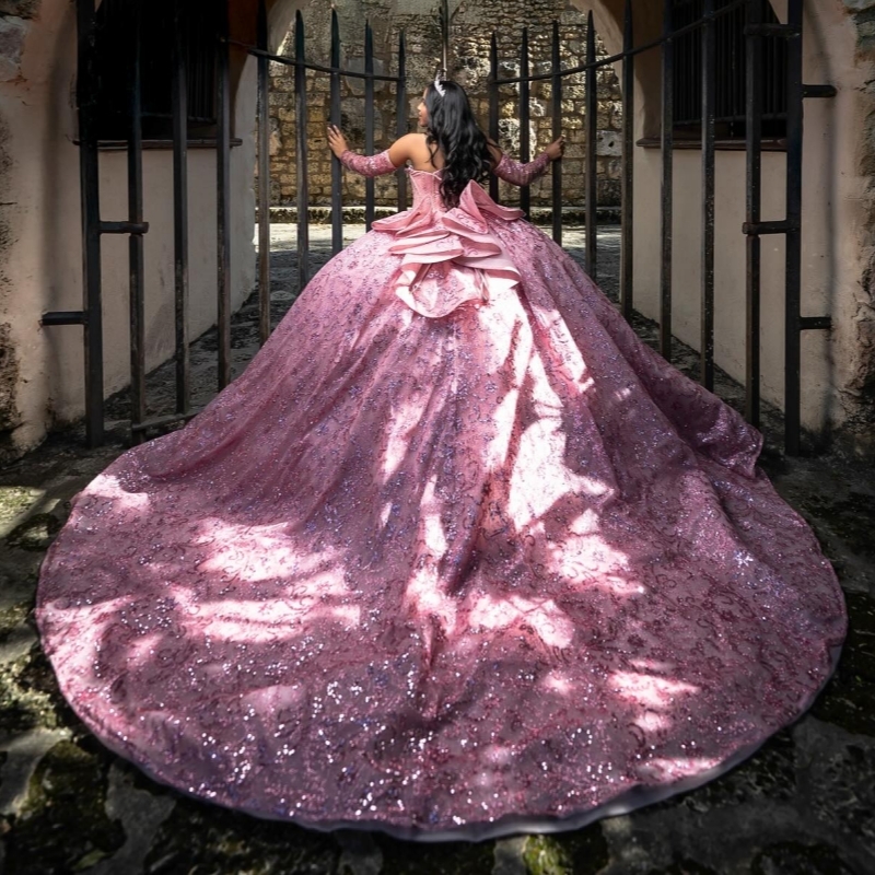 Pink Shiny Quinceanera Dresses Off Shoulder Ball Gown Sweet 16 Dress Beading Crystal Sequin Applique LaceTull Birthday Party Vestidos 15 De Anos