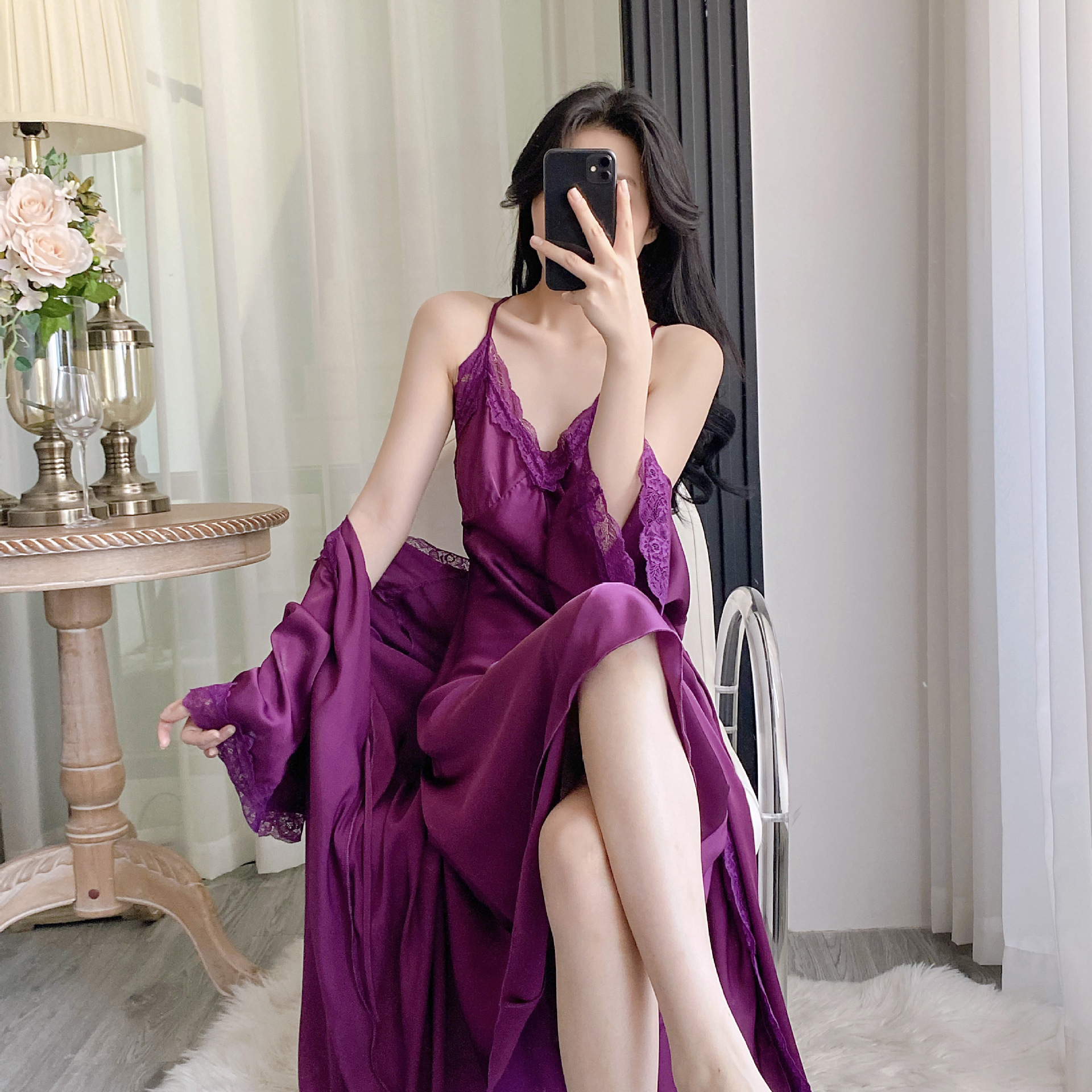 X595 Large size new sexy long suspender dress nightgown two-piece set ice silk home clothes women's V-neck