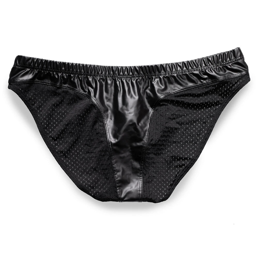 CLEVER-MENMODE Mesh Butt Pu Leather Briefs Sexy Underwear Men Penis Pouch Panties Slips Lingerie Bikini hombre Underpants 250515