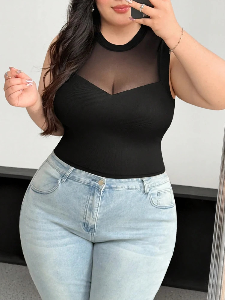 Plus Size Womens 2025 Summer Sleeveless Round Neck Mesh See Through Sexy Splicing Black Shirt Polyester 250506