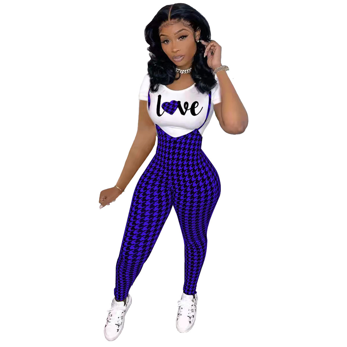 D9828 Womens fashion pattern printed short sleeved T-shirt+suspender jumpsuit