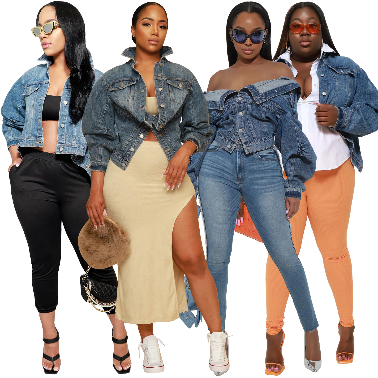 HR23091 Fashion Womens Y2K Style Irregular Two Wear Denim Coat