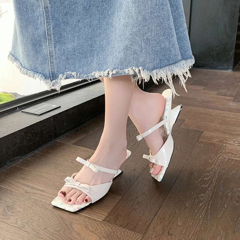 Women's Summer New High Heels Square Head Open Toe Bow Sandals Casual Fashion Sweet Anomalous Slippers