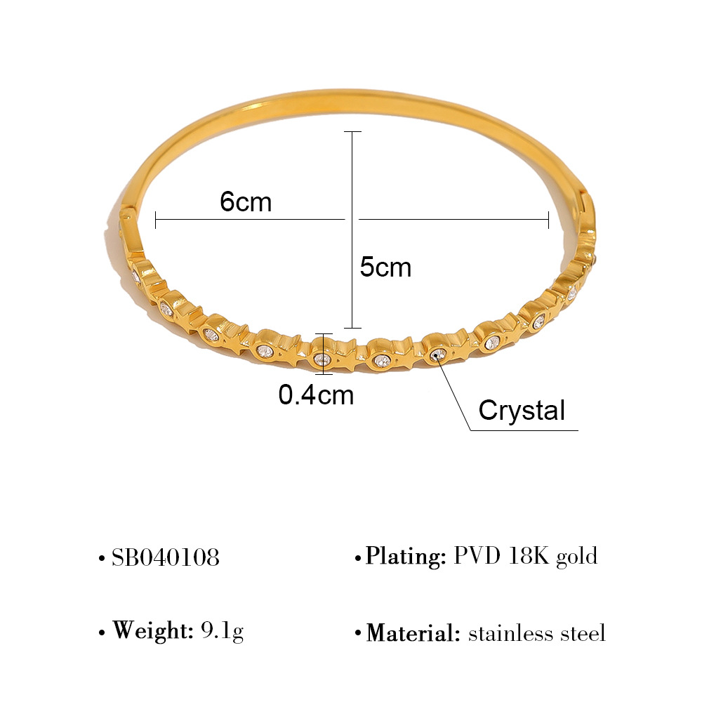 2025 New 18K Gold-Plated Titanium Steel Crystal Bangle with Star Design and Zirconia Stones, Open Adjustable Bracelet for Stylish Hands