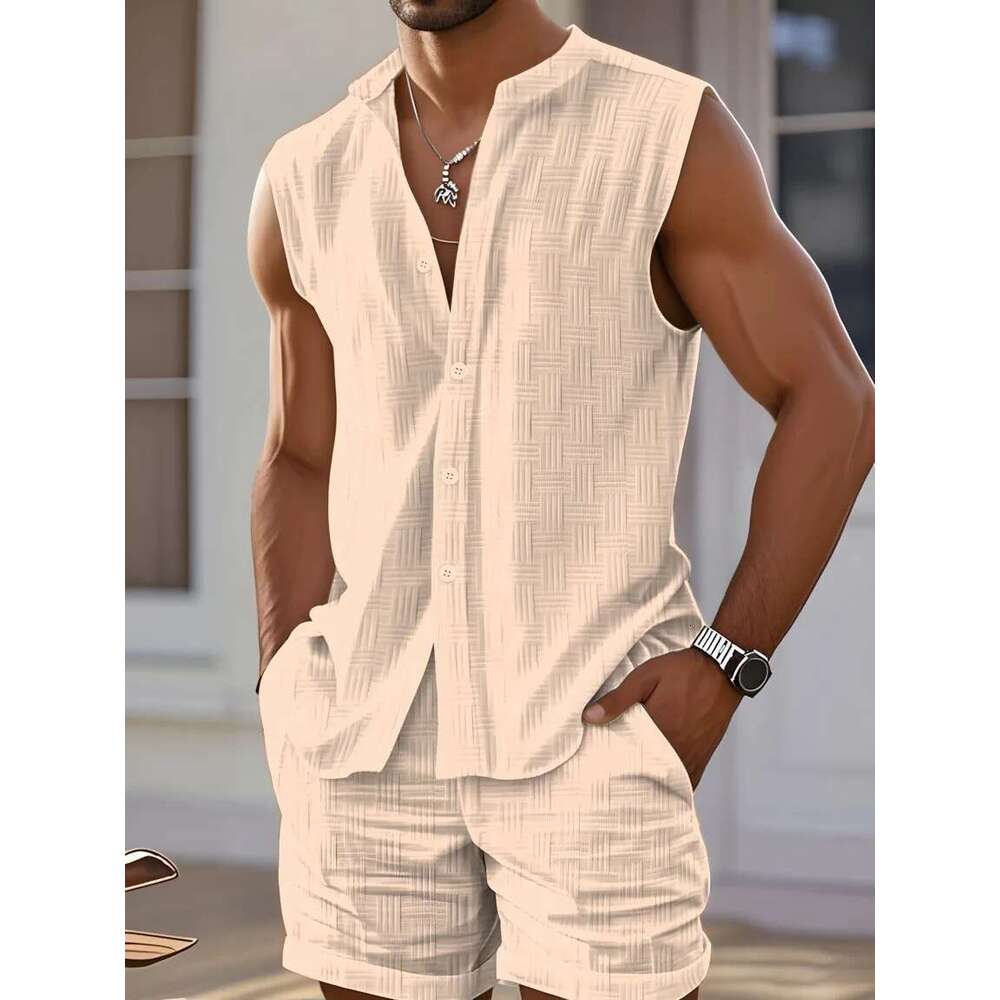 2025 summer new men's casual sports vest shirt fashion loose comfortable outdoor sleeveless shorts beach two sets