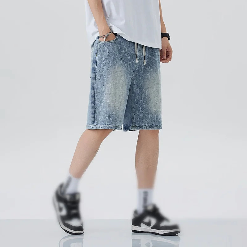 Korean Style Vintage Mens Jeans Summer Loose Male Wide Leg Knee Length Shorts Washed Fashion Short Denim Pants 250515