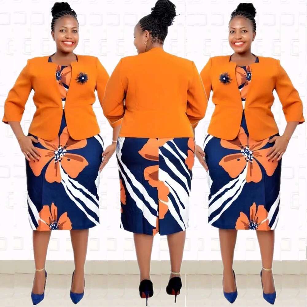 Plus Size Fashional New Arrival African Office Ladies Floral Print Coat and Dresses Suits For Eleagant Women