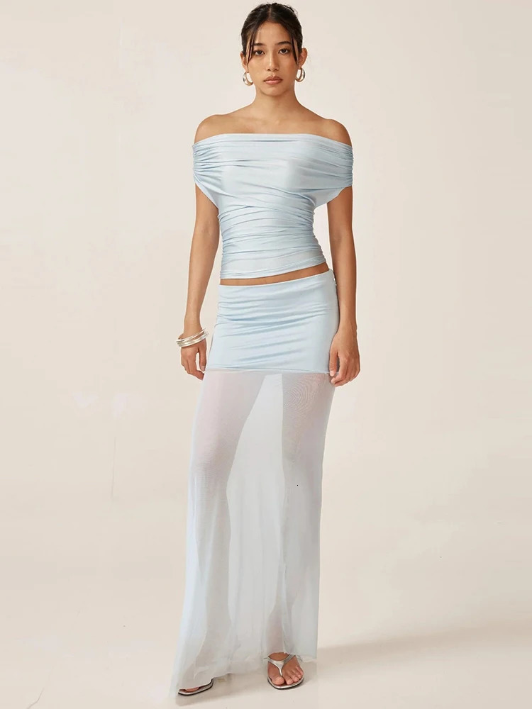 Sibybo Summer Party Two Piece Set Women Off Shoulder Ruched Backless Crop Top Mesh Patchwork Maxi Skirt Vacation Matching Outfit 250515